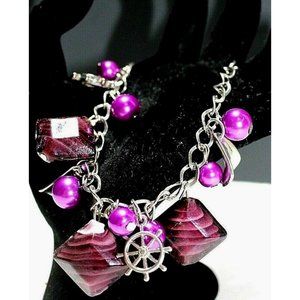 Purple Silver Charm Bracelet Boat Nautical Ships Wheel Metal Bead Stone Chain